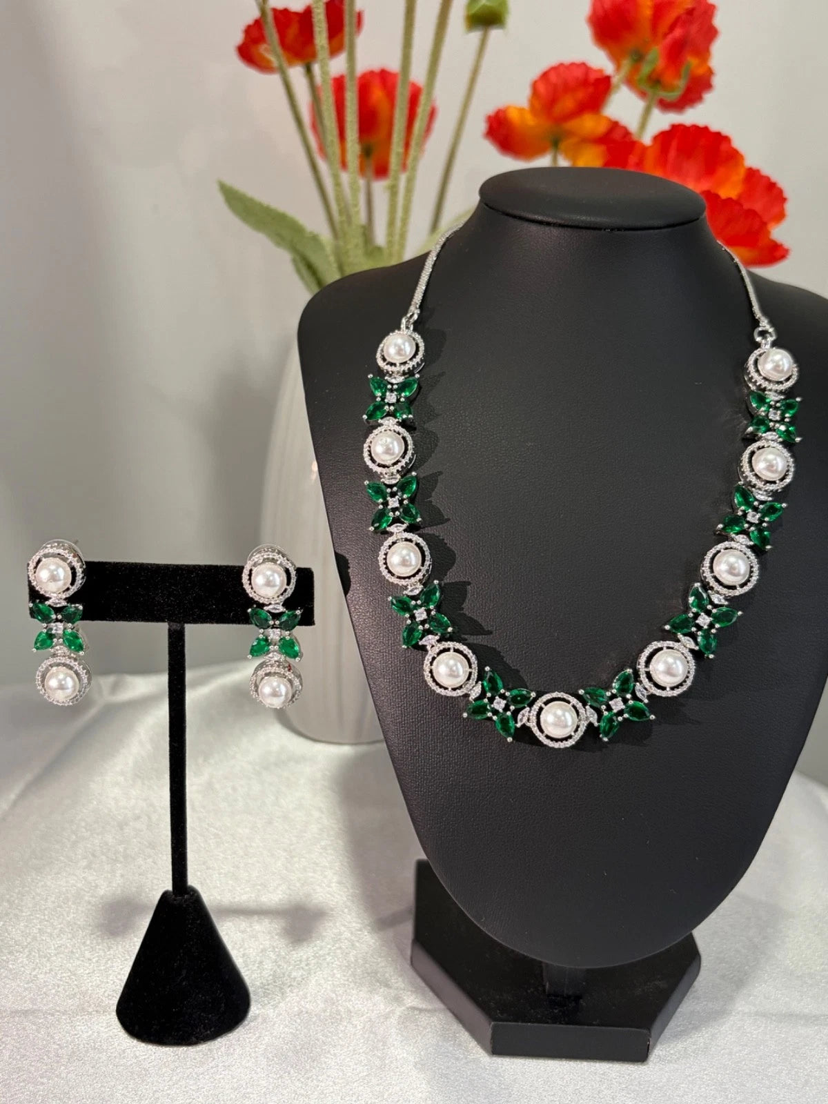 Emerald Green Pearl CZ Silver Tone Necklace Earrings Set