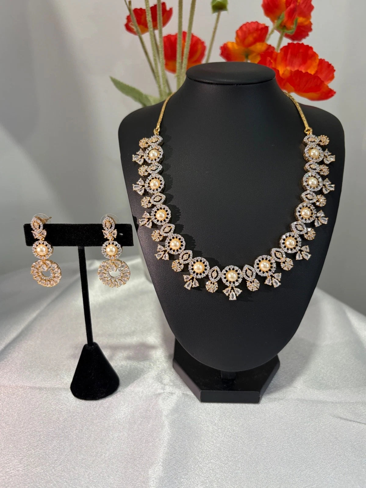 Pearl CZ Gold Tone Necklace Earrings Set Indian Pakistani Bridal Jewelry