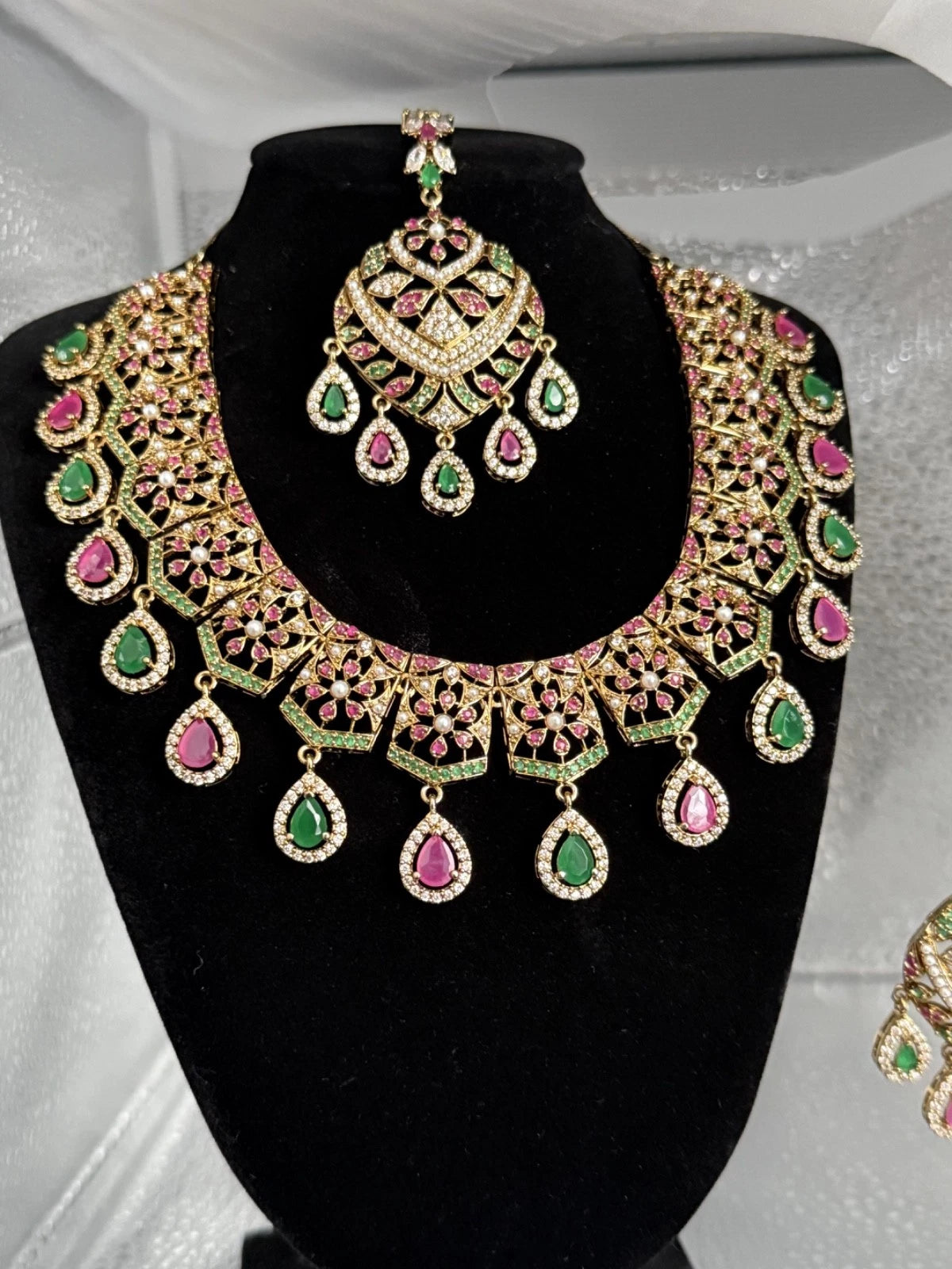 Luxury Indian Bridal Jewelry Set –Pink and Green American Diamond Necklace, Earr