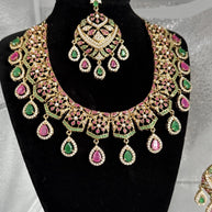 Luxury Indian Bridal Jewelry Set –Pink and Green American Diamond Necklace, Earr