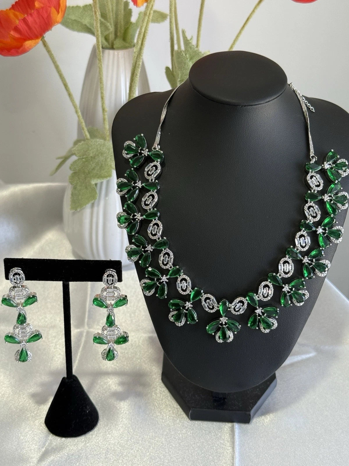 Emerald Green CZ Flower Necklace Earrings Set Silver Tone Pakistani Jewelry