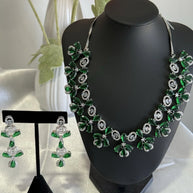 Emerald Green CZ Flower Necklace Earrings Set Silver Tone Pakistani Jewelry