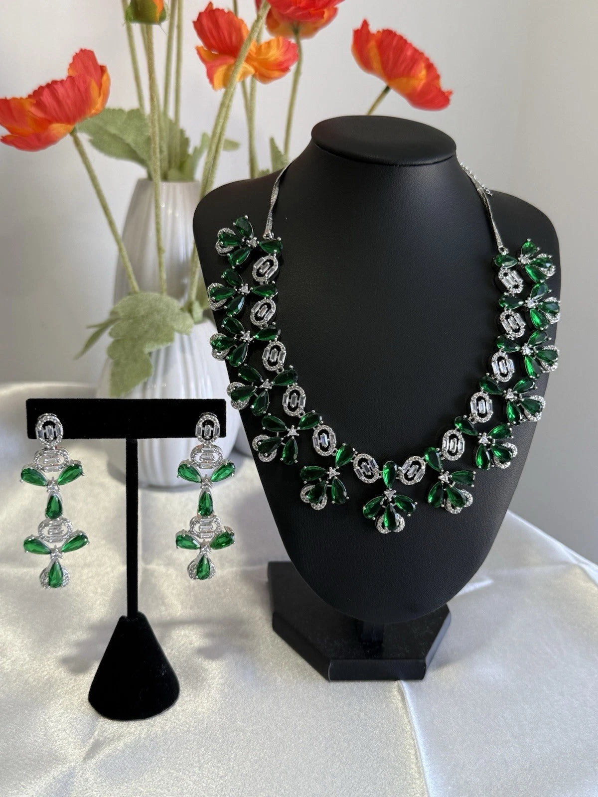 Emerald Green CZ Flower Necklace Earrings Set Silver Tone Pakistani Jewelry