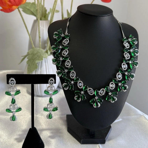 Emerald Green CZ Flower Necklace Earrings Set Silver Tone Pakistani Jewelry