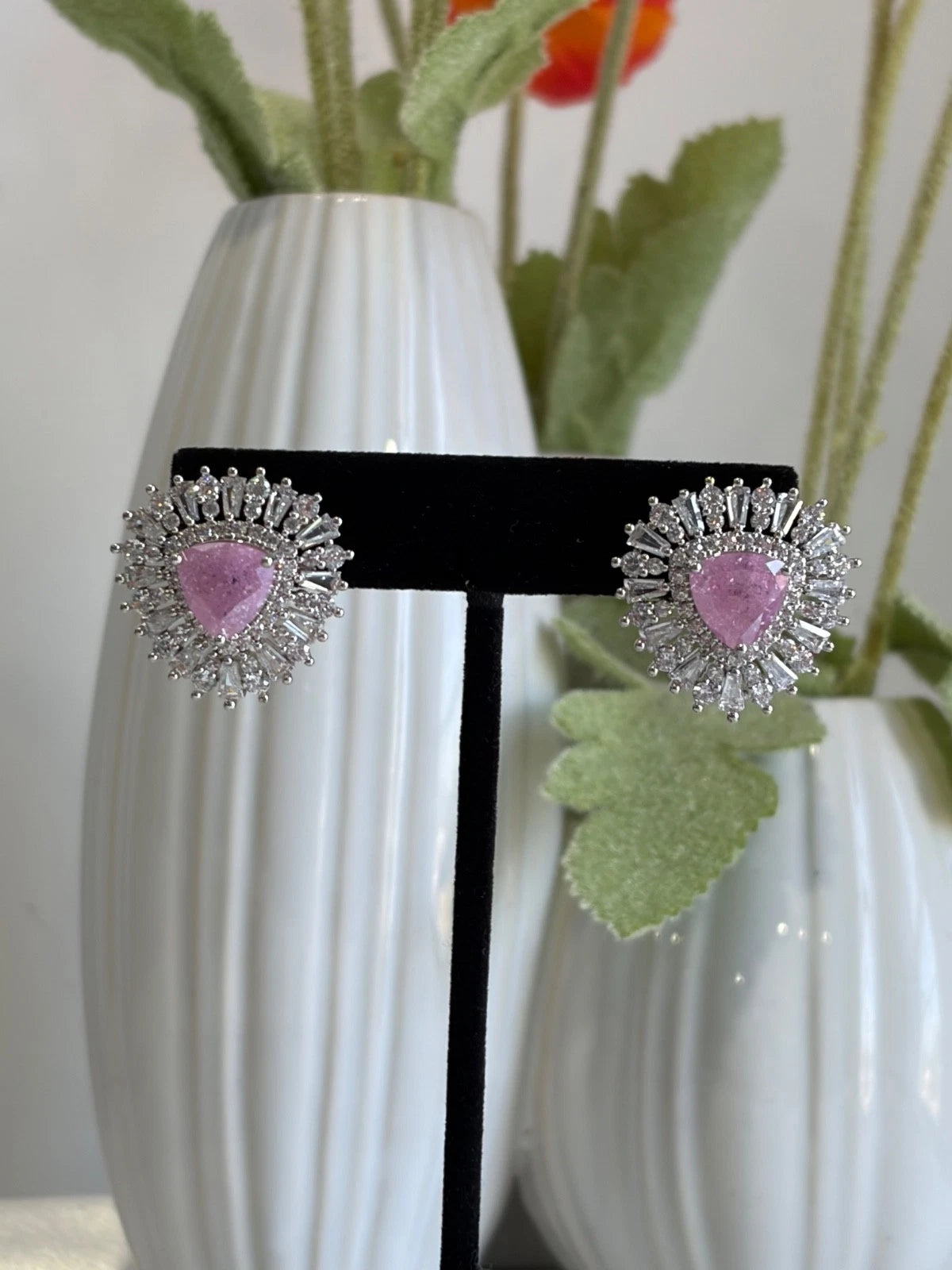 Pink Stone Halo Stud Earrings Silver Tone CZ Statement Jewelry