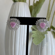 Pink Stone Halo Stud Earrings Silver Tone CZ Statement Jewelry
