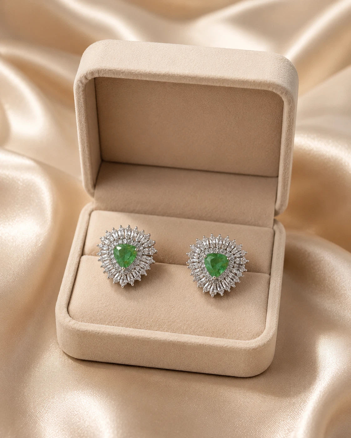 Green Stone Halo Stud Earrings Silver Tone CZ Statement Jewelry