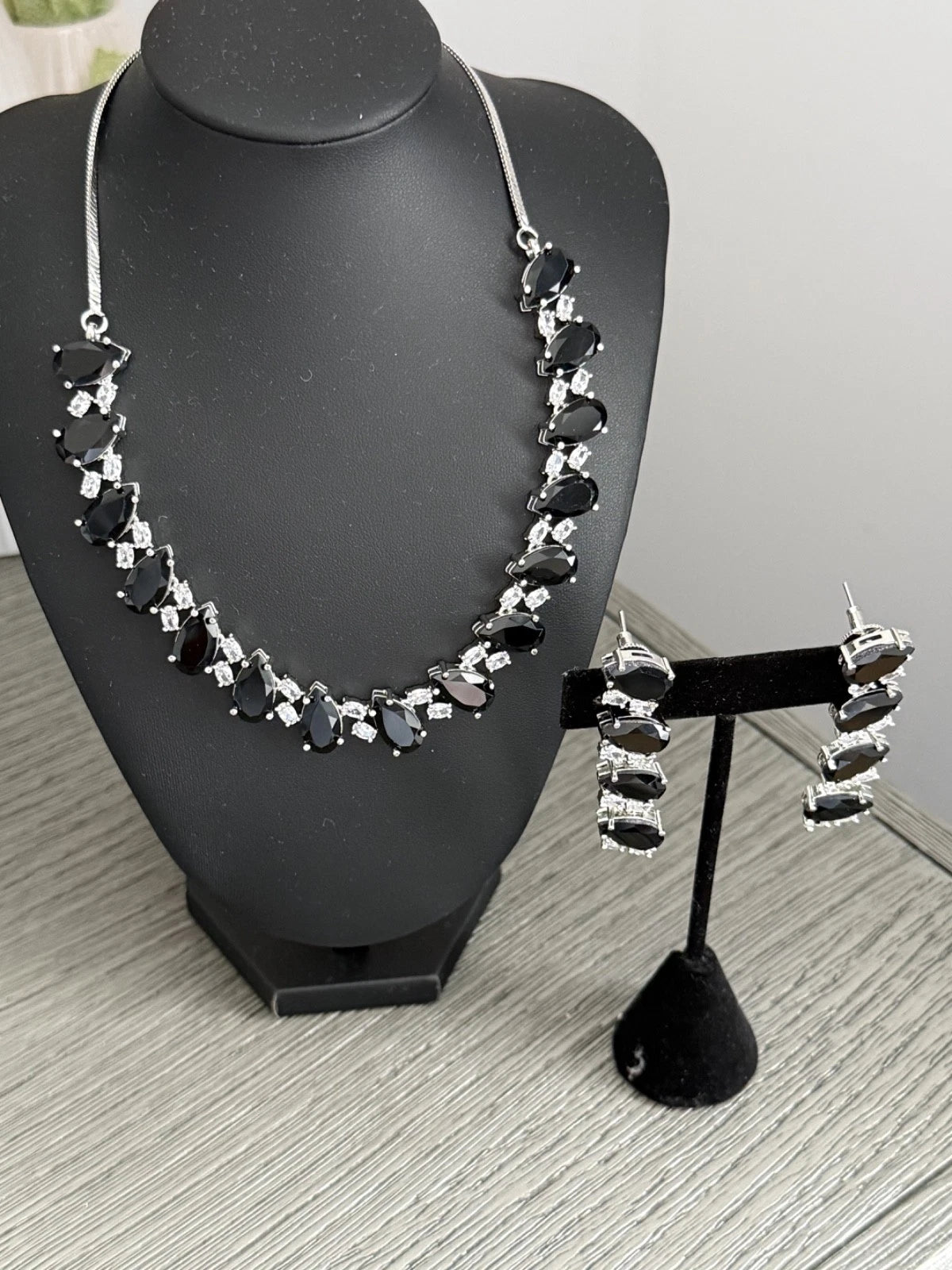 Black Teardrop CZ Jewelry Set | Elegant Necklace Earrings | Bridal Formal Evenin