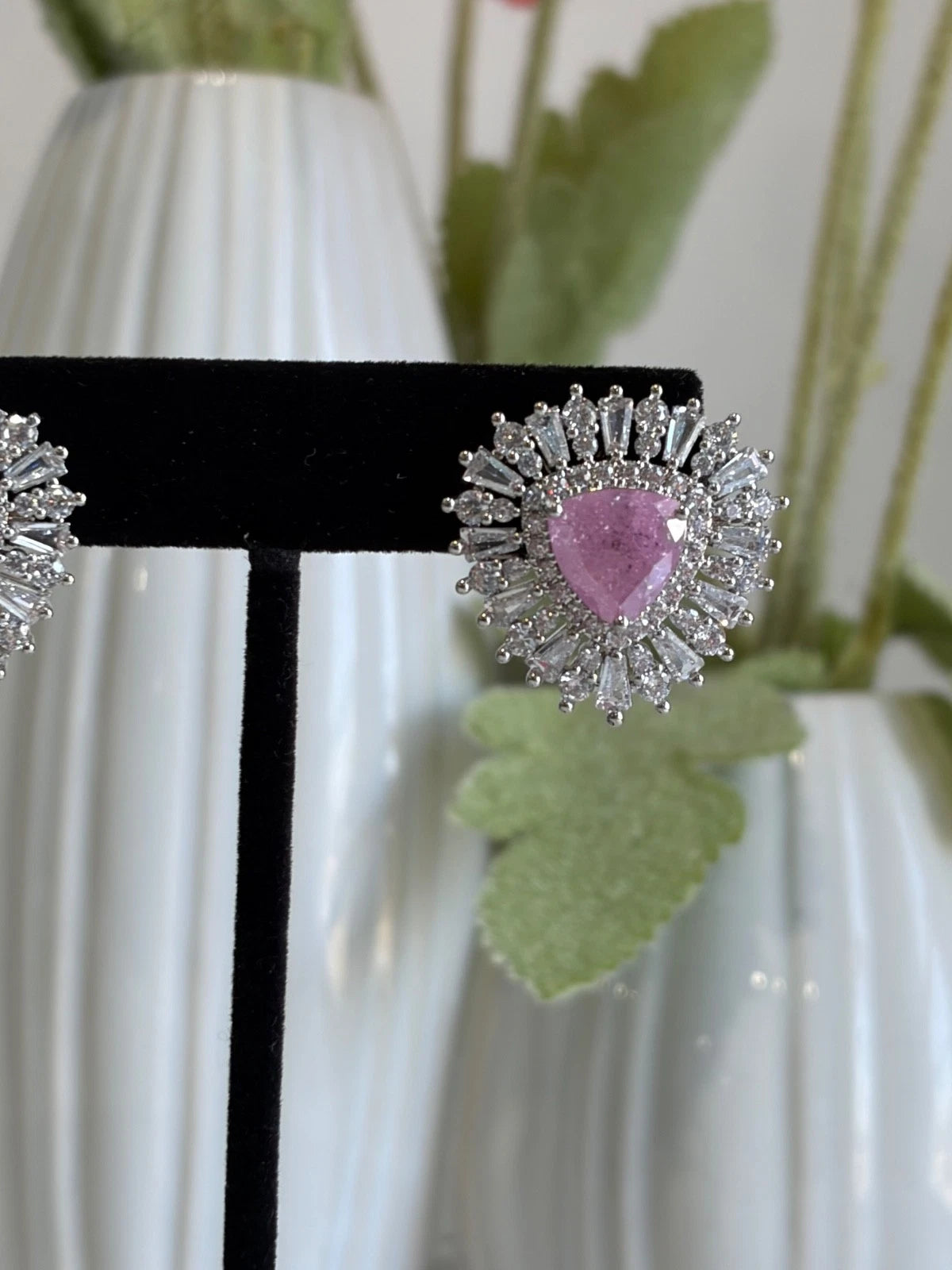 Pink Stone Halo Stud Earrings Silver Tone CZ Statement Jewelry
