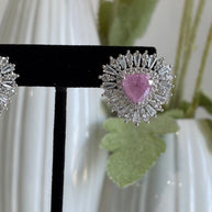 Pink Stone Halo Stud Earrings Silver Tone CZ Statement Jewelry