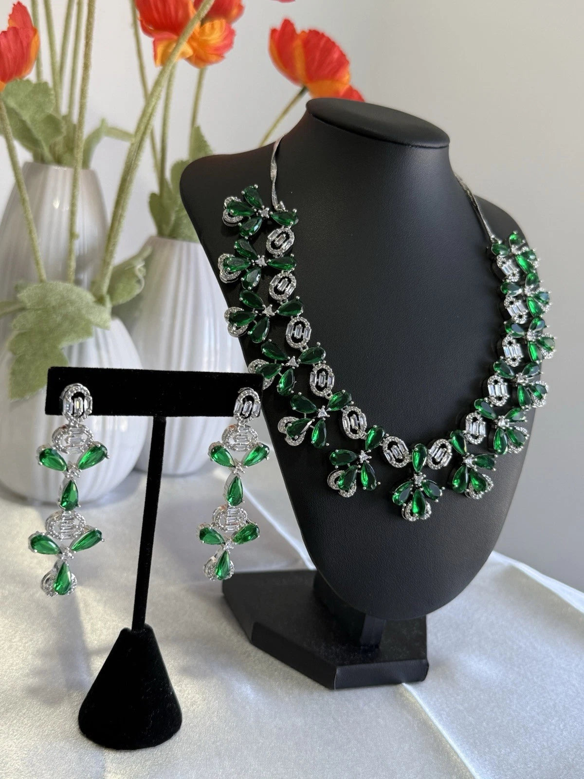 Emerald Green CZ Flower Necklace Earrings Set Silver Tone Pakistani Jewelry