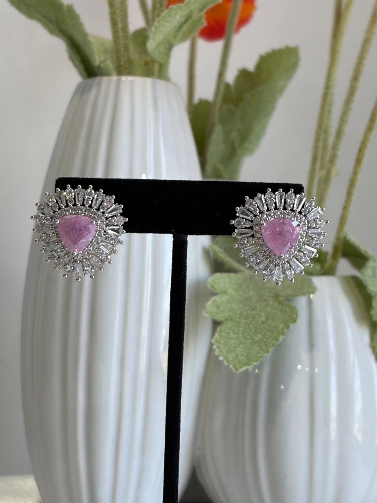Pink Stone Halo Stud Earrings Silver Tone CZ Statement Jewelry