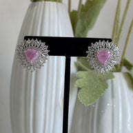 Pink Stone Halo Stud Earrings Silver Tone CZ Statement Jewelry