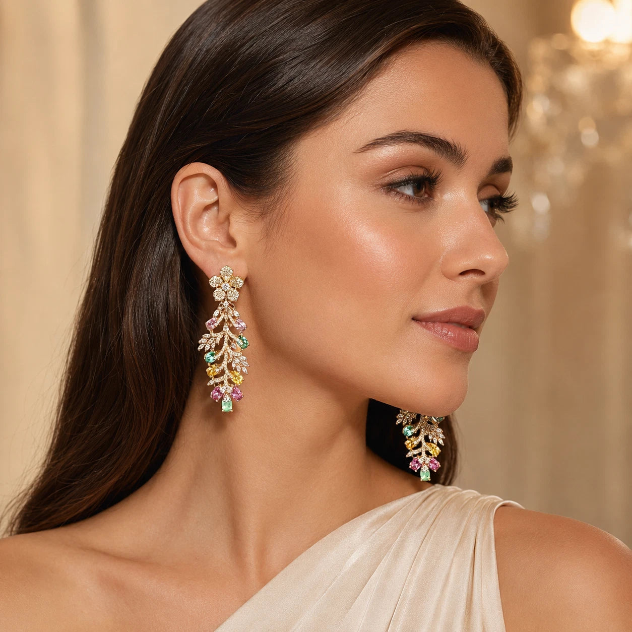 Luxury Floral Crystal Statement Earrings | Multicolor Gemstone Earrings