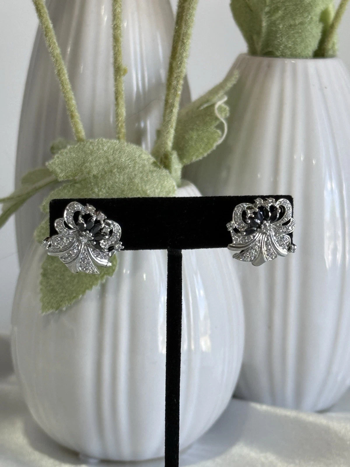 Black CZ Floral Stud Earrings Silver Tone Party Jewelry