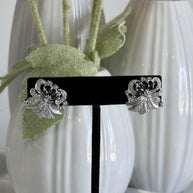 Black CZ Floral Stud Earrings Silver Tone Party Jewelry