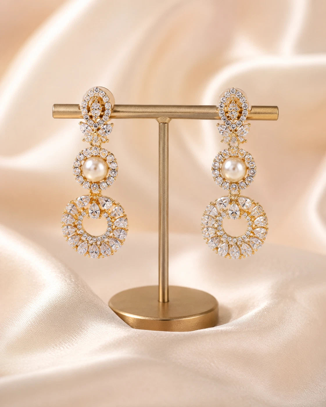 Pearl CZ Gold Tone Necklace Earrings Set Indian Pakistani Bridal Jewelry