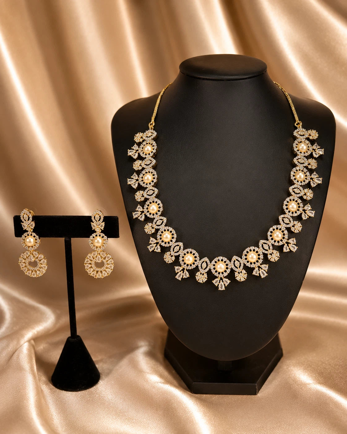 Pearl CZ Gold Tone Necklace Earrings Set Indian Pakistani Bridal Jewelry