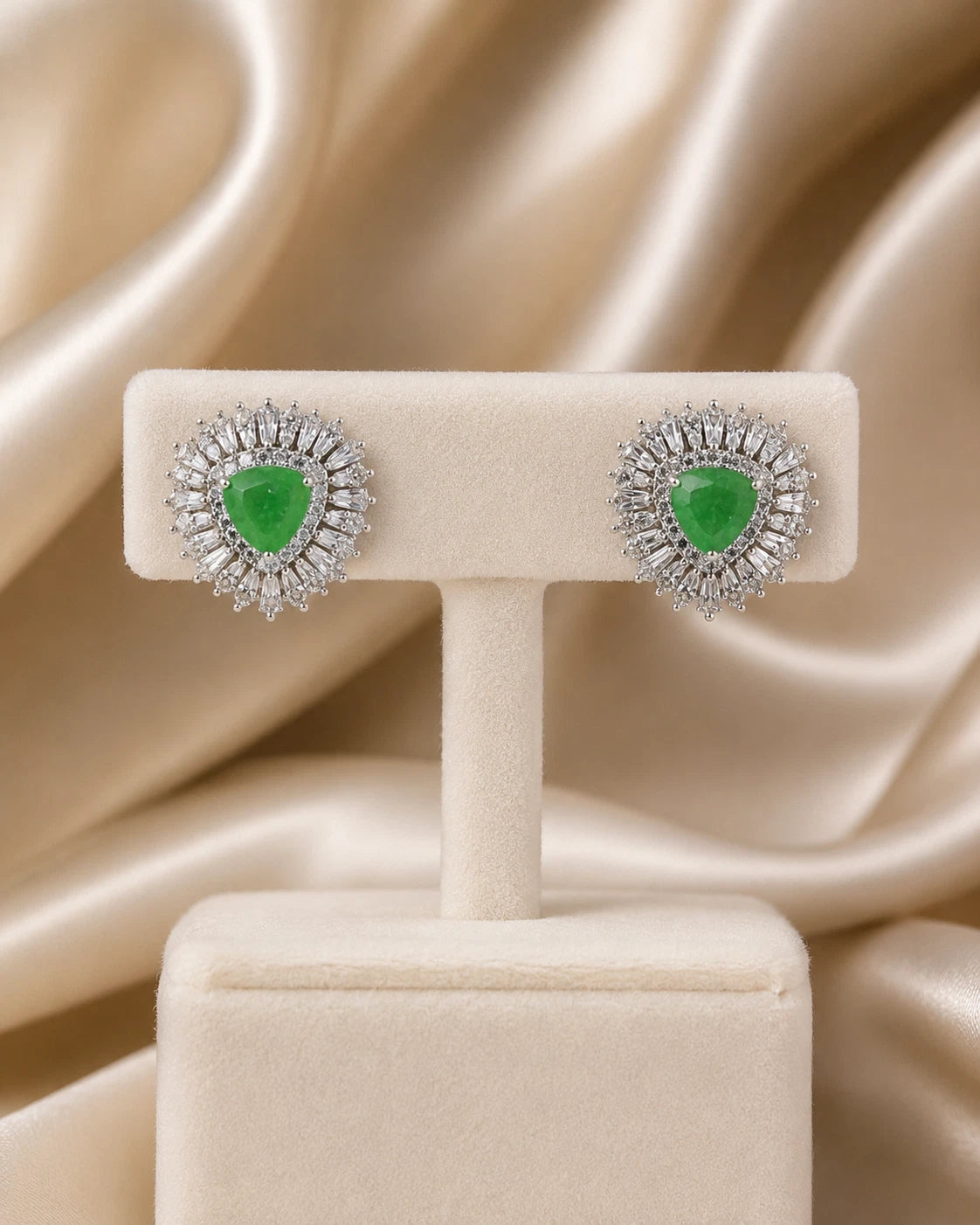 Green Stone Halo Stud Earrings Silver Tone CZ Statement Jewelry