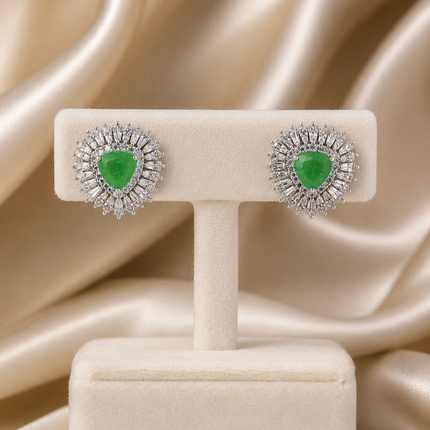 Green Stone Halo Stud Earrings Silver Tone CZ Statement Jewelry