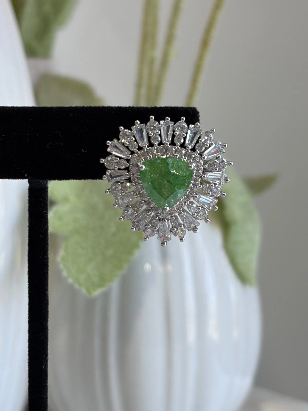 Green Stone Halo Stud Earrings Silver Tone CZ Statement Jewelry