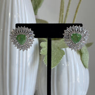 Green Stone Halo Stud Earrings Silver Tone CZ Statement Jewelry