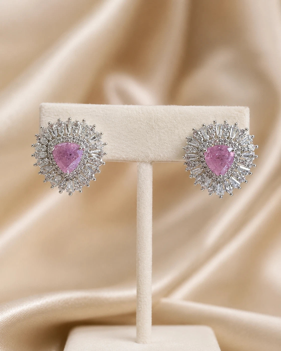 Pink Stone Halo Stud Earrings Silver Tone CZ Statement Jewelry