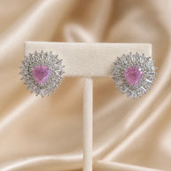 Pink Stone Halo Stud Earrings Silver Tone CZ Statement Jewelry