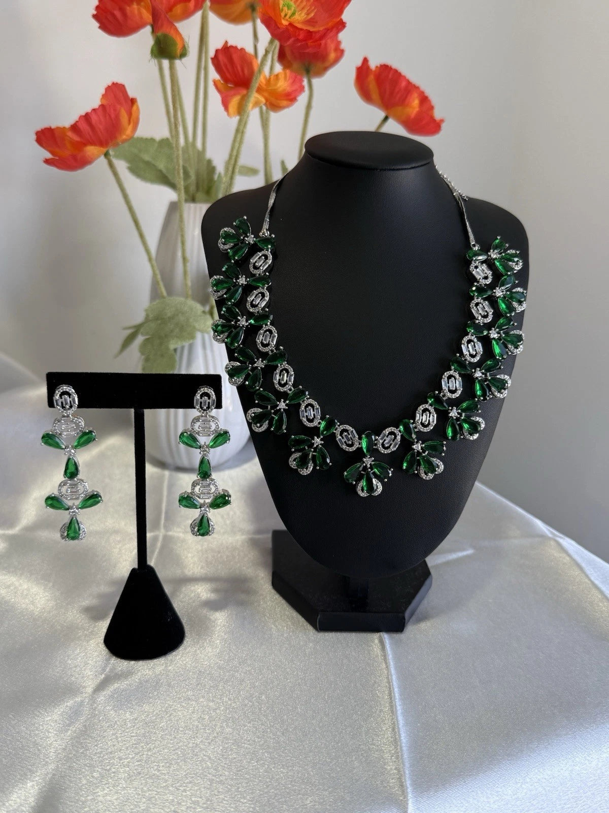 Emerald Green CZ Flower Necklace Earrings Set Silver Tone Pakistani Jewelry