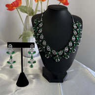 Emerald Green CZ Flower Necklace Earrings Set Silver Tone Pakistani Jewelry