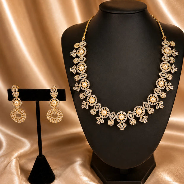 Pearl CZ Gold Tone Necklace Earrings Set Indian Pakistani Bridal Jewelry