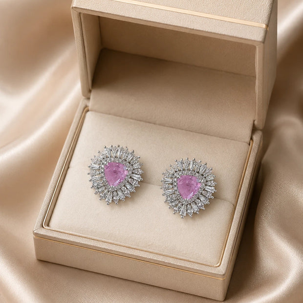 Pink Stone Halo Stud Earrings Silver Tone CZ Statement Jewelry