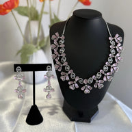 Light Pink CZ Flower Necklace Earrings Set Silver Tone Pakistani Jewelry