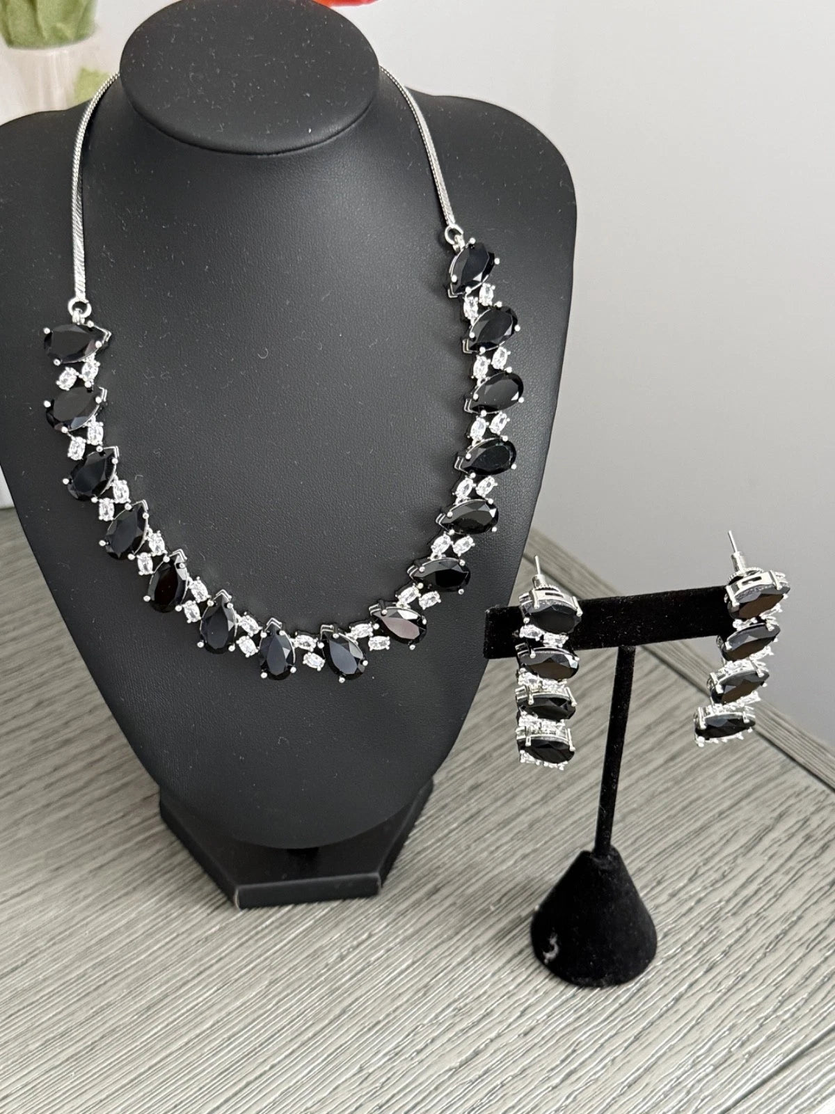 Black Teardrop CZ Jewelry Set | Elegant Necklace Earrings | Bridal Formal Evenin
