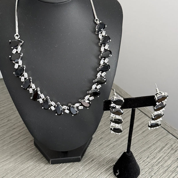 Black Teardrop CZ Jewelry Set | Elegant Necklace Earrings | Bridal Formal Evenin