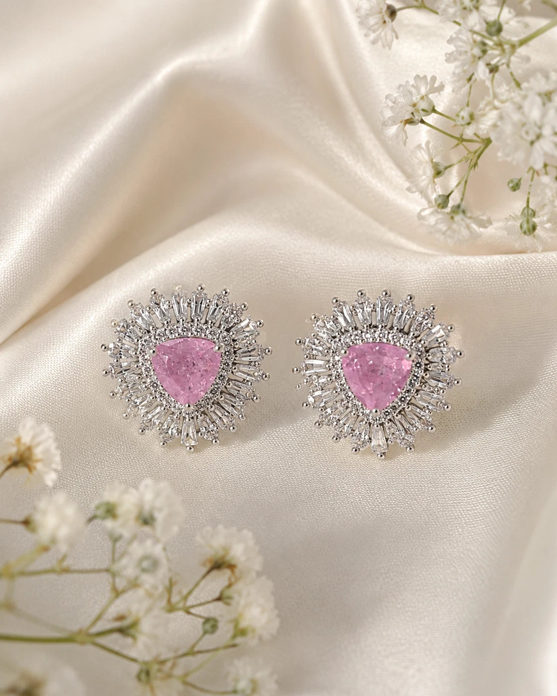 Pink Stone Halo Stud Earrings Silver Tone CZ Statement Jewelry
