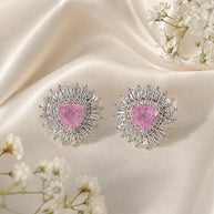Pink Stone Halo Stud Earrings Silver Tone CZ Statement Jewelry