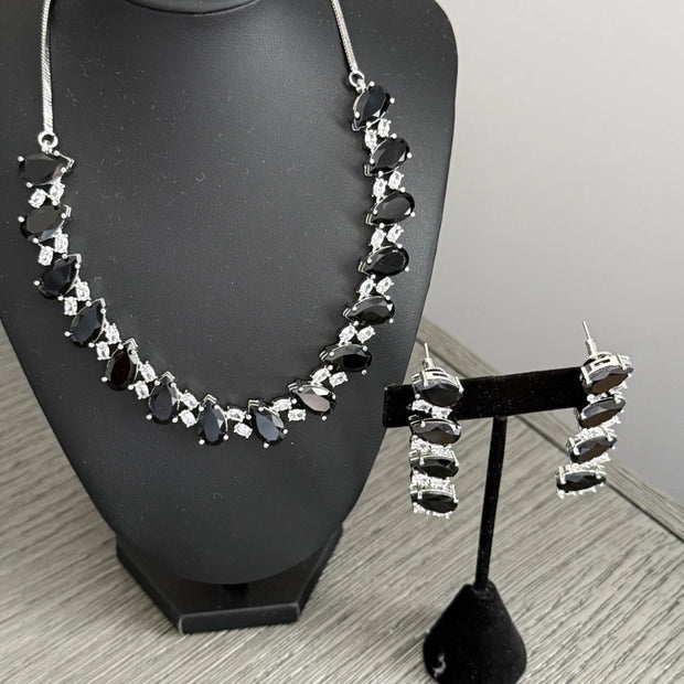 Black Teardrop CZ Jewelry Set | Elegant Necklace Earrings | Bridal Formal Evenin