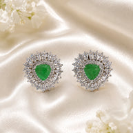 Green Stone Halo Stud Earrings Silver Tone CZ Statement Jewelry