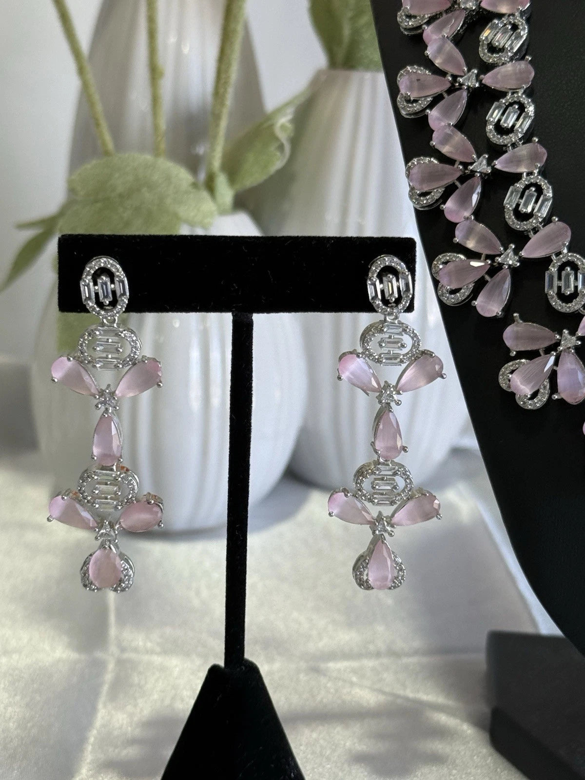 Light Pink CZ Flower Necklace Earrings Set Silver Tone Pakistani Jewelry