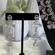 Light Pink CZ Flower Necklace Earrings Set Silver Tone Pakistani Jewelry
