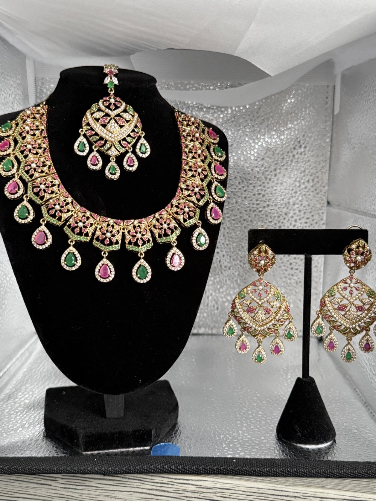Luxury Indian Bridal Jewelry Set –Pink and Green American Diamond Necklace, Earr