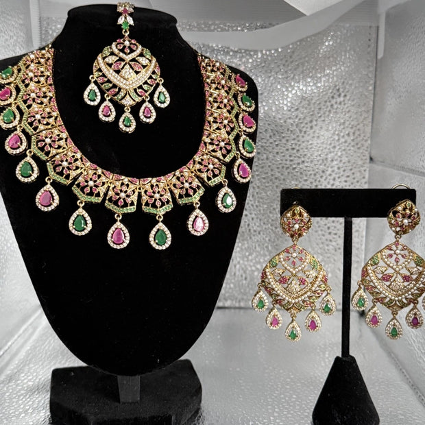Luxury Indian Bridal Jewelry Set –Pink and Green American Diamond Necklace, Earr