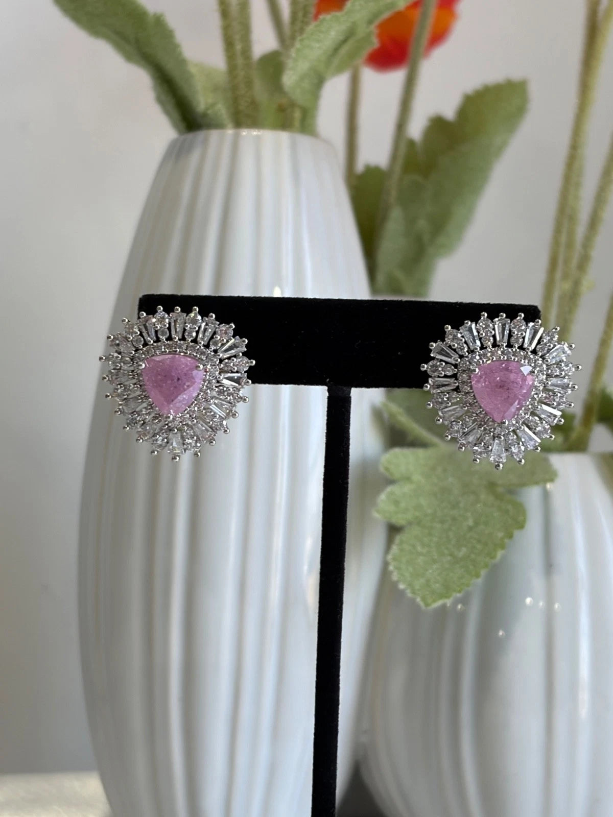Pink Stone Halo Stud Earrings Silver Tone CZ Statement Jewelry