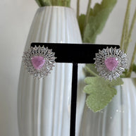 Pink Stone Halo Stud Earrings Silver Tone CZ Statement Jewelry