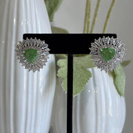 Green Stone Halo Stud Earrings Silver Tone CZ Statement Jewelry