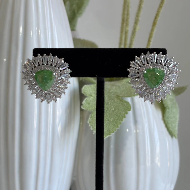 Green Stone Halo Stud Earrings Silver Tone CZ Statement Jewelry