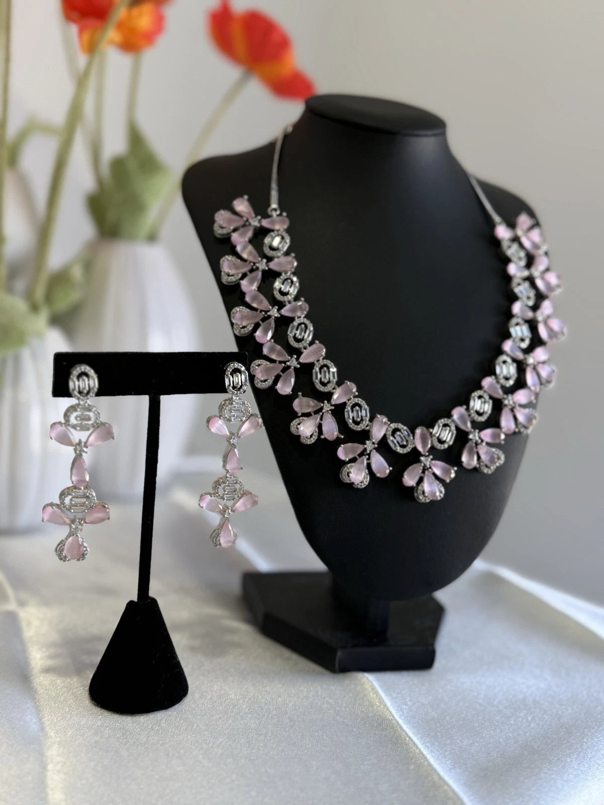 Light Pink CZ Flower Necklace Earrings Set Silver Tone Pakistani Jewelry