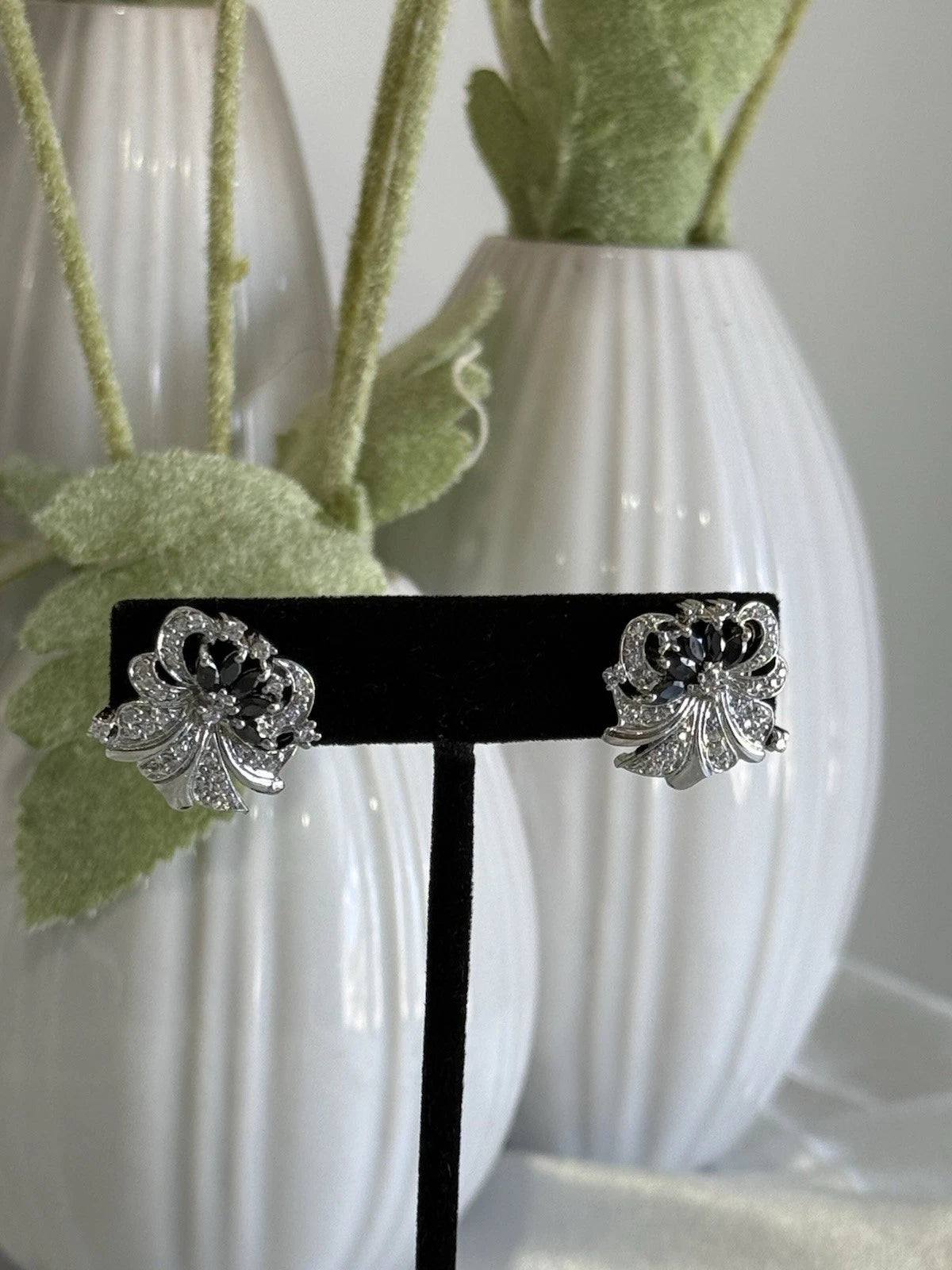 Black CZ Floral Stud Earrings Silver Tone Party Jewelry