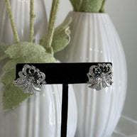 Black CZ Floral Stud Earrings Silver Tone Party Jewelry